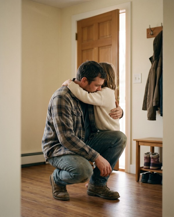 Working-class Maine father in a worn flannel shirt arriving home through an entryway in warm late afternoon light, mid-crouch as his young child hugs him tightly with both arms around his neck, faces partially obscured by the embrace