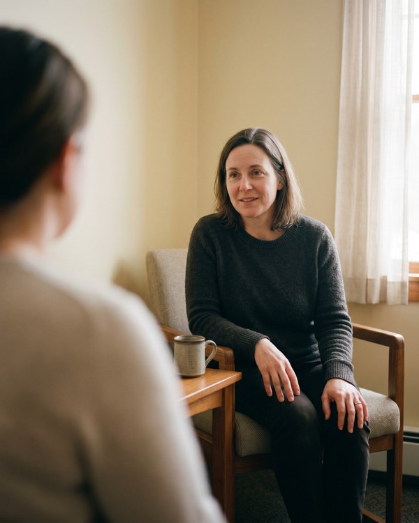 Female Maine community health counselor in a plain dark sweater seated in a small outpatient consult room afternoon, leaning slightly forward in active listening toward a client seen out of focus from behind in the foreground, warm window light