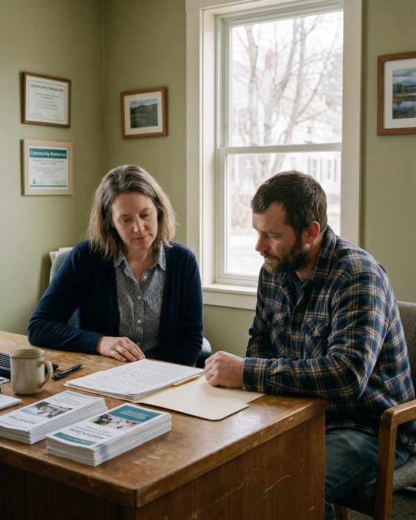 A case manager in a plain sweater sits side-by-side with a client at a simple wood desk in a Maine outpatient clinic office reviewing intake paperwork together in soft window light