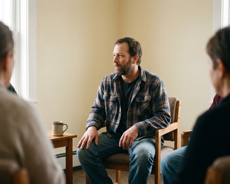 Working-class Maine man in his late thirties to mid-fifties seated in a small group therapy session at a community outpatient clinic, listening attentively in a plain flannel shirt with soft side window light on his face and other participants out of focus around him