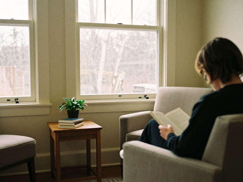 Morning light across a quiet Maine day-program waiting room