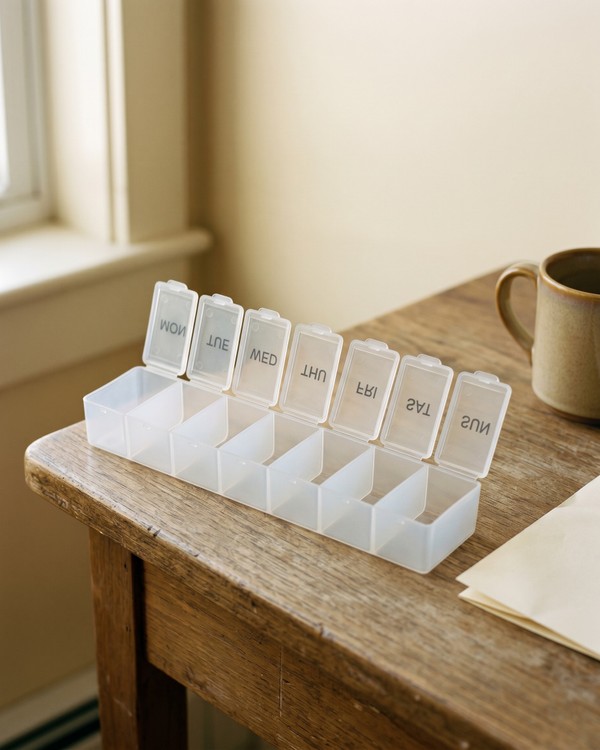 An empty seven-compartment weekly pill organizer with all lids open and every compartment empty on a worn wood desk in soft morning Maine window light, with a stoneware mug at the edge of frame