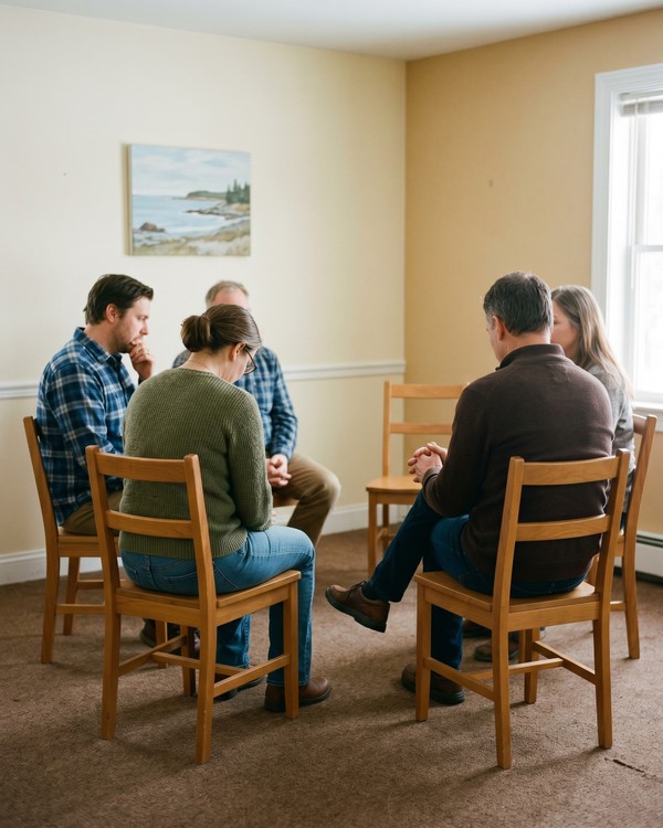 Small structured IOP group therapy session in a plainly furnished Maine outpatient clinic with simple wood chairs arranged in a half circle and soft window light, faces partially obscured to protect client identity