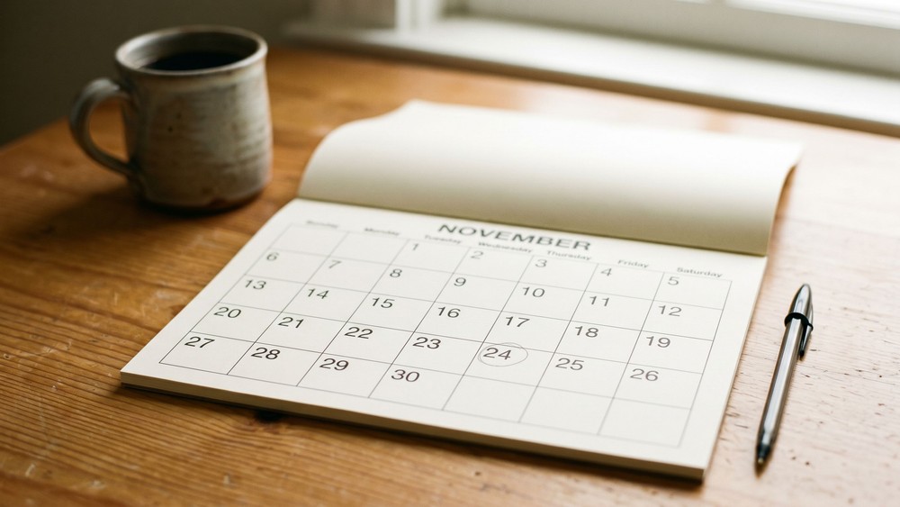 Open paper monthly desk calendar on a warm wood desk in a Maine outpatient clinic consult room with one date lightly pencil-circled, a black ballpoint pen alongside, and a stoneware mug out of focus in soft afternoon window light