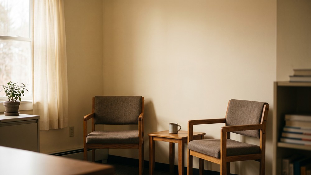 Quiet Maine community counseling room in soft morning window light with two simple wood chairs angled toward each other, a small side table with a stoneware mug, plain painted walls, and a sheer curtain framing the window before clients arrive