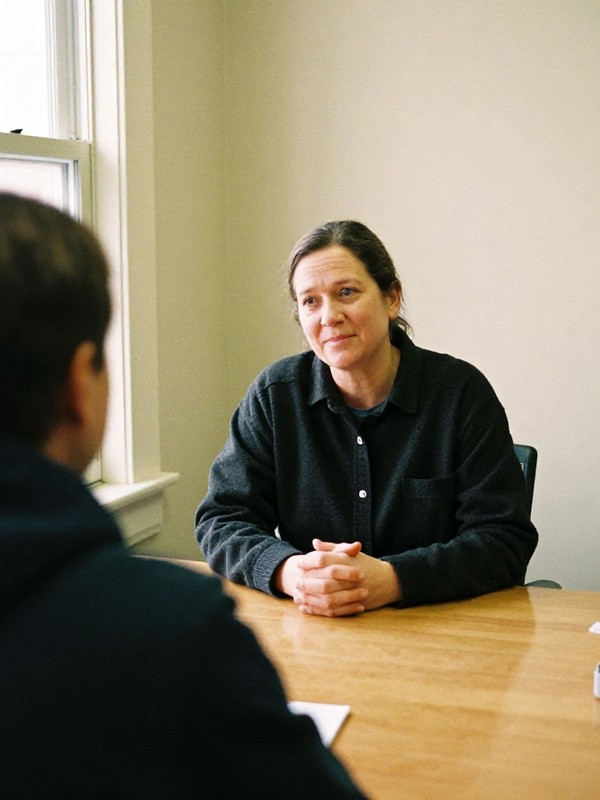A counselor in conversation with a client in a quiet Enso day-program room