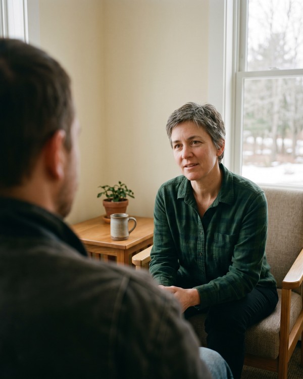 Maine outpatient counselor in a plain sweater leaning forward in conversation with a client during a weekly one-on-one talk therapy session in a quiet community clinic room with soft morning window light