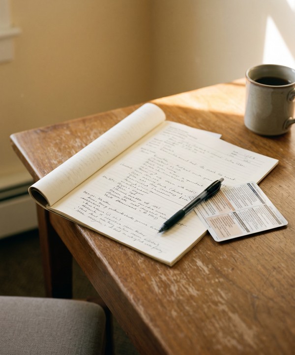 Quiet Maine outpatient provider desk at mid morning with an open paper chart, a black pen, and a stoneware mug in warm soft window light during a brief break between client visits