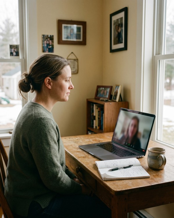 A Maine adult in a plain sweater seated at a simple wood desk at home looking calmly at a laptop screen for a telehealth visit, soft afternoon side window light, painted walls, no medical props in frame