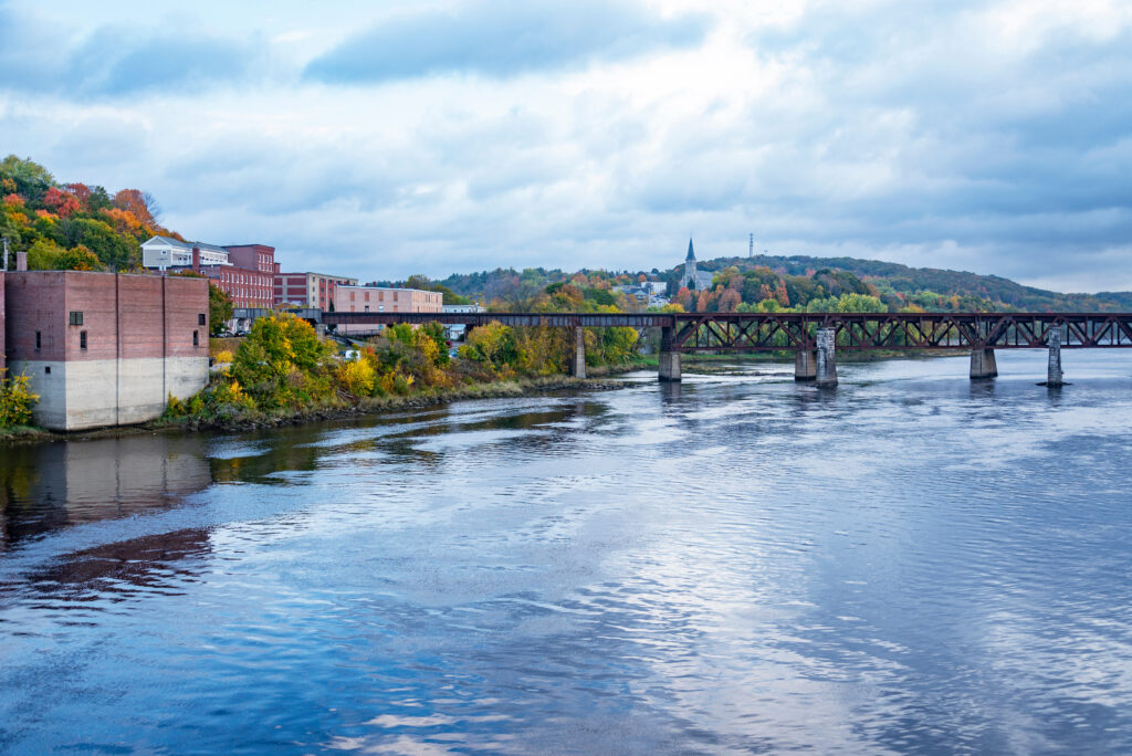 Waterfront of historic Downtown along the Kennebec River, Augusta, Maine, USA
