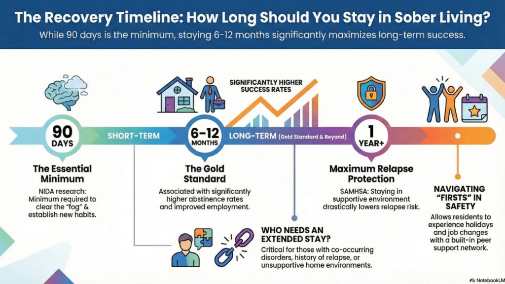 Chart showing the best use cases for different lengths of stay and its benefits to show how long a person should stay in sober living.